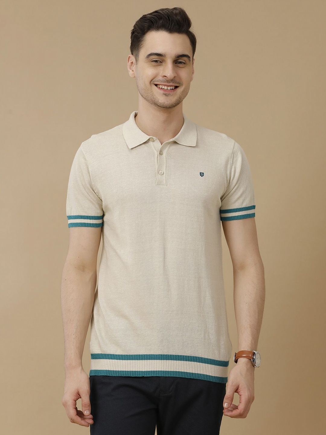 

Linen Club Men Solid Polo Collar Slim Fit T-shirt, Beige