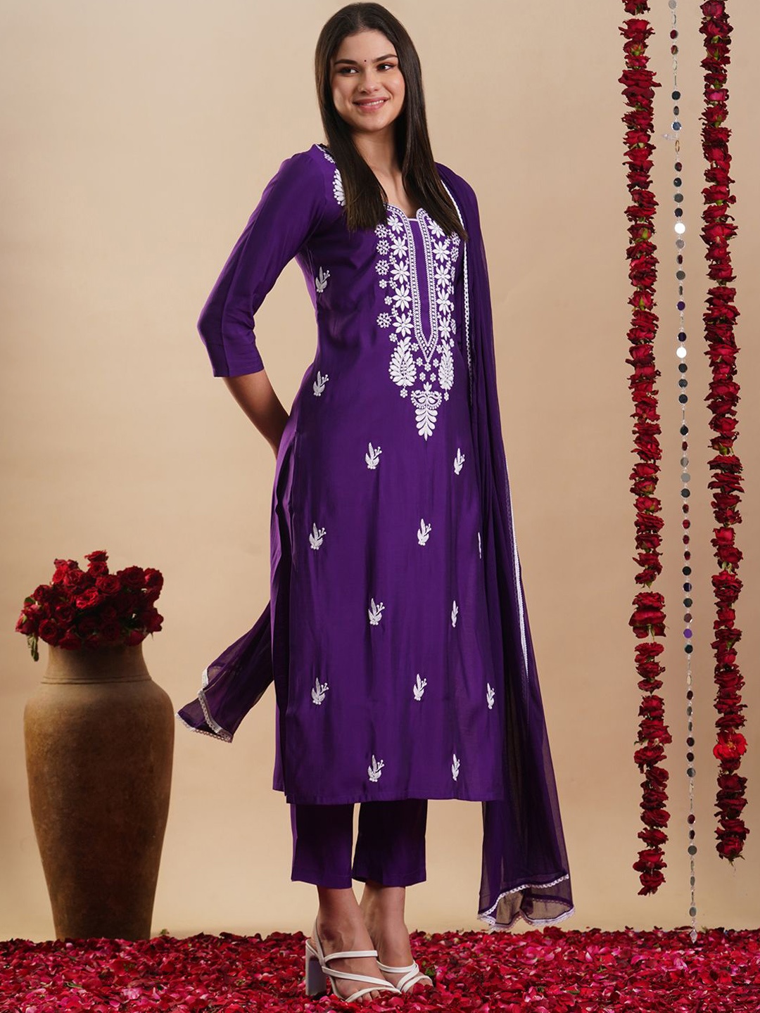 

KALINI Ethnic Motifs Embroidered Thread Work Straight Kurta With Trousers & Dupatta, Purple