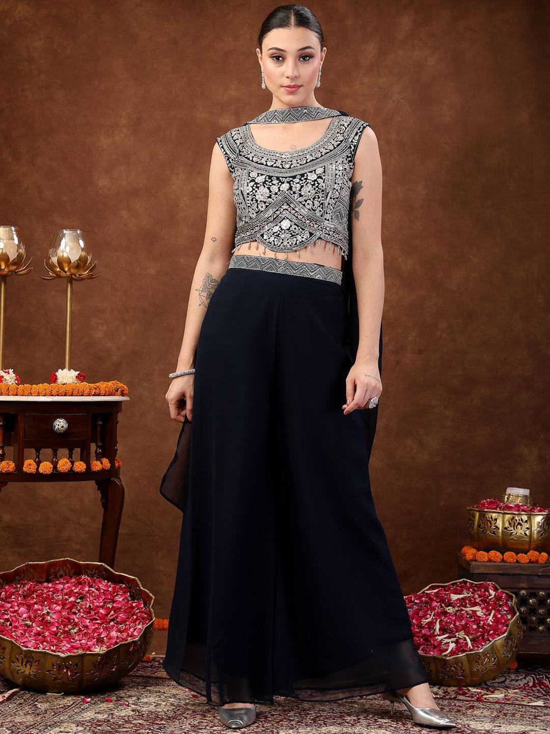 

Stylum Teal Blue Embellished Top & Palazoo With Dupatta