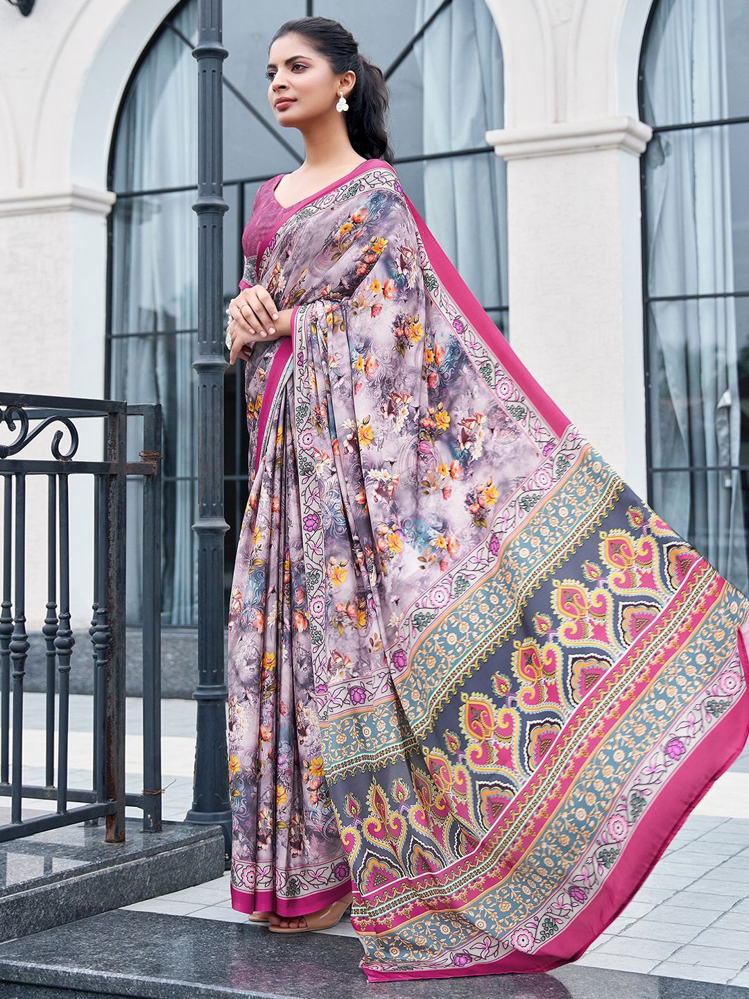 

Mitera Floral Printed Pure Silk Muga Saree, Purple