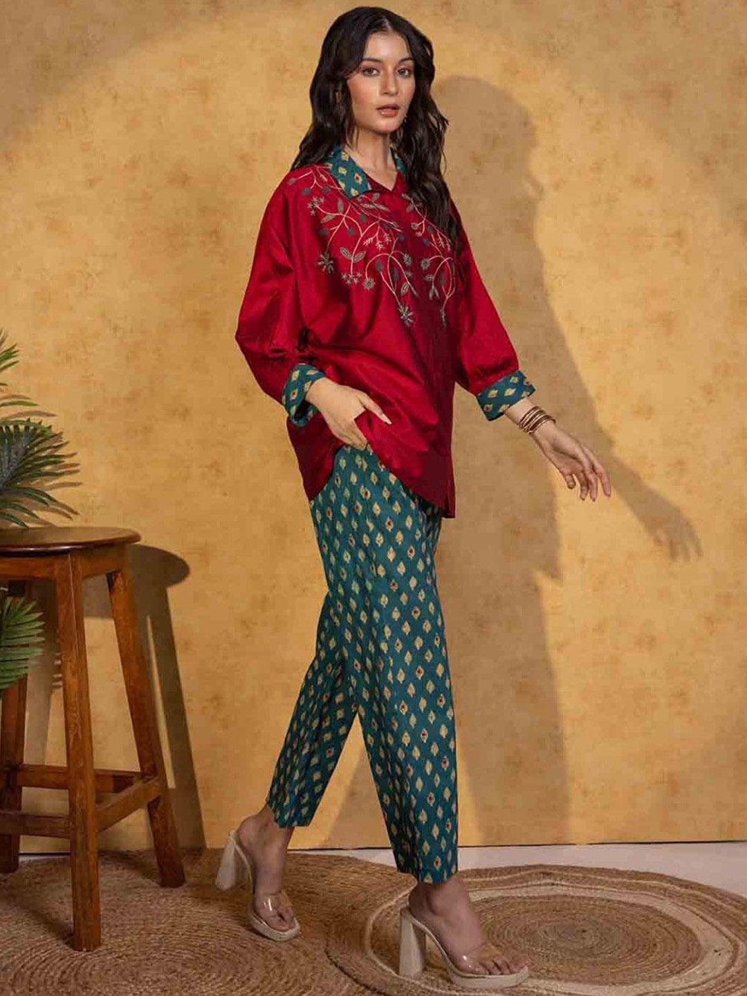 

AUTUMN LANE Nancy Sangria Embroidered Pure Cotton Shirt With Trousers, Maroon