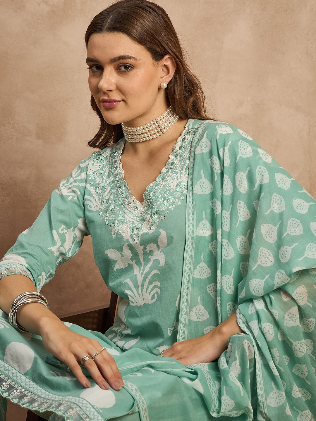 

all about you Floral Printed Sequinned Pure Cotton Straight Kurta with Trousers & Dupatta, Green