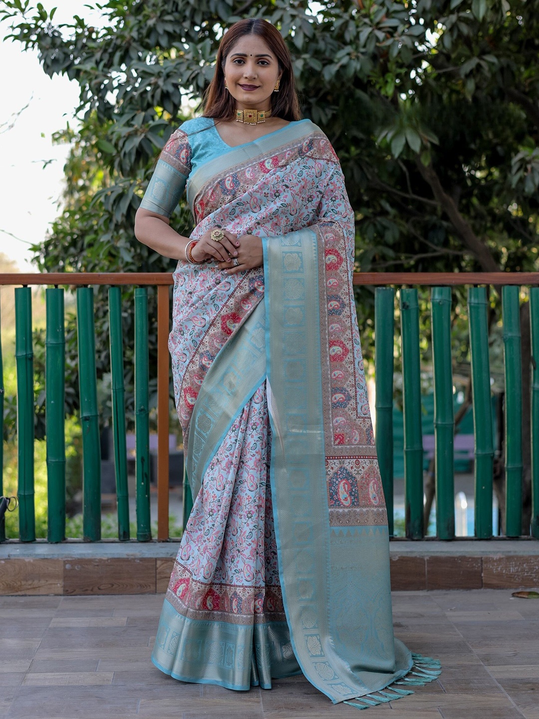 

Anaita Ethnic Motif Printed Pure Silk Saree, Turquoise blue