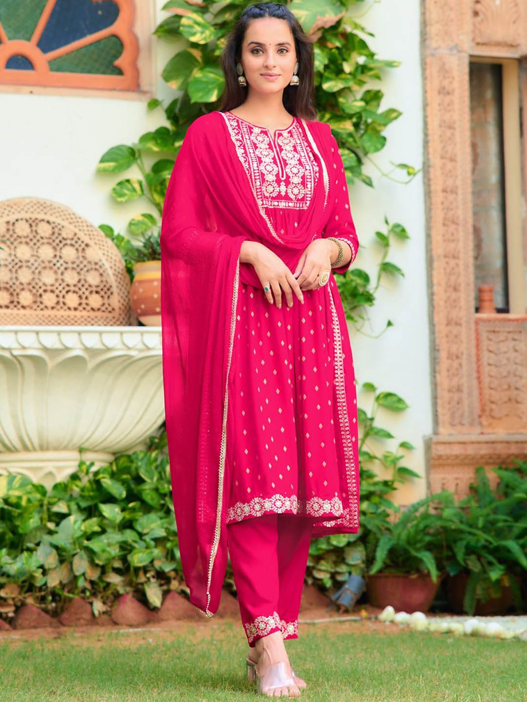 

Berrylicious Ethnic Motifs Embroidered A-Line Sequinned Kurta with Trousers & Dupatta, Pink