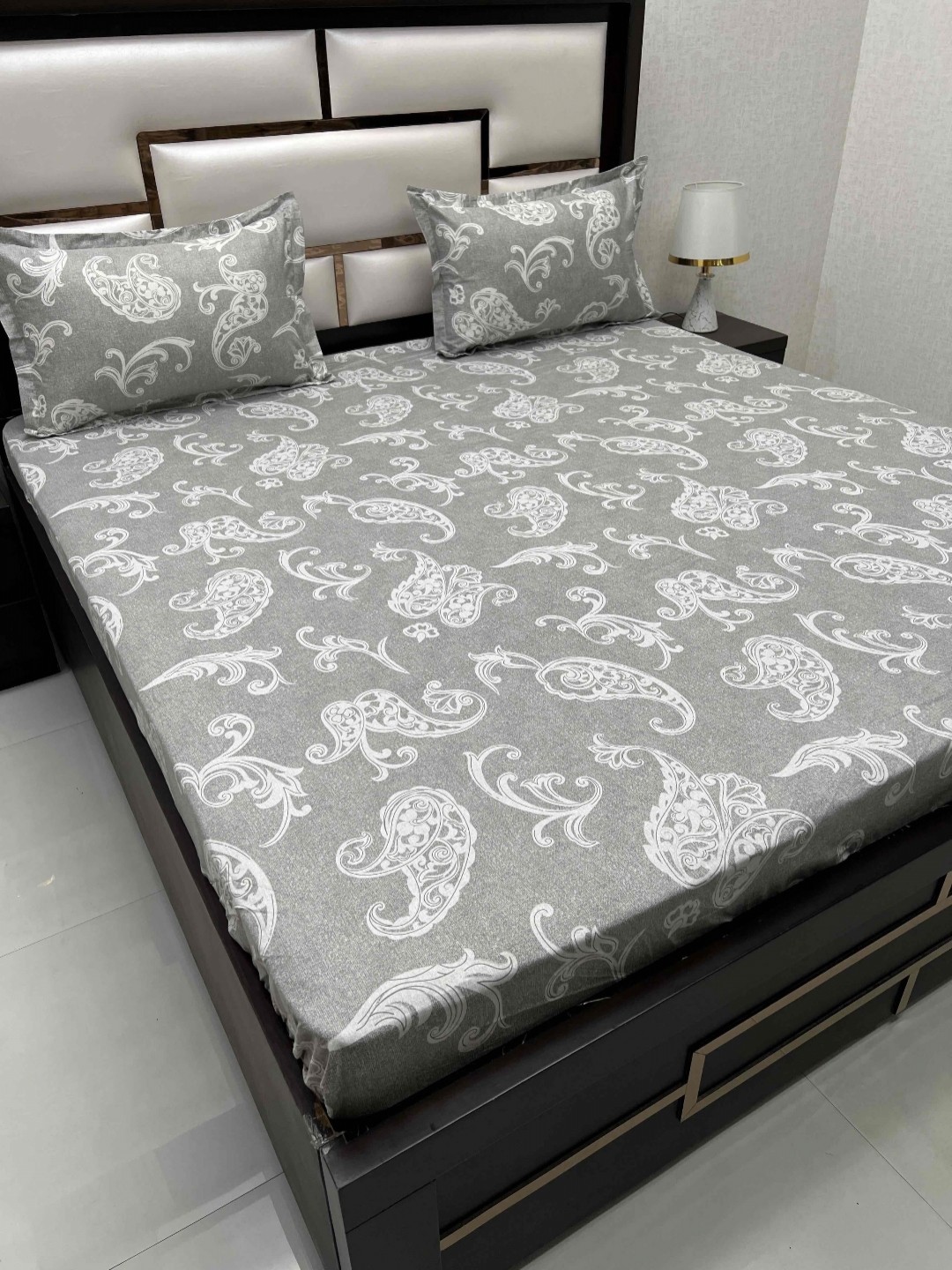 

Pure Decor Grey Ethnic Motifs Pure Cotton Fitted 400 TC King Bedsheet with 2 Pillow Covers