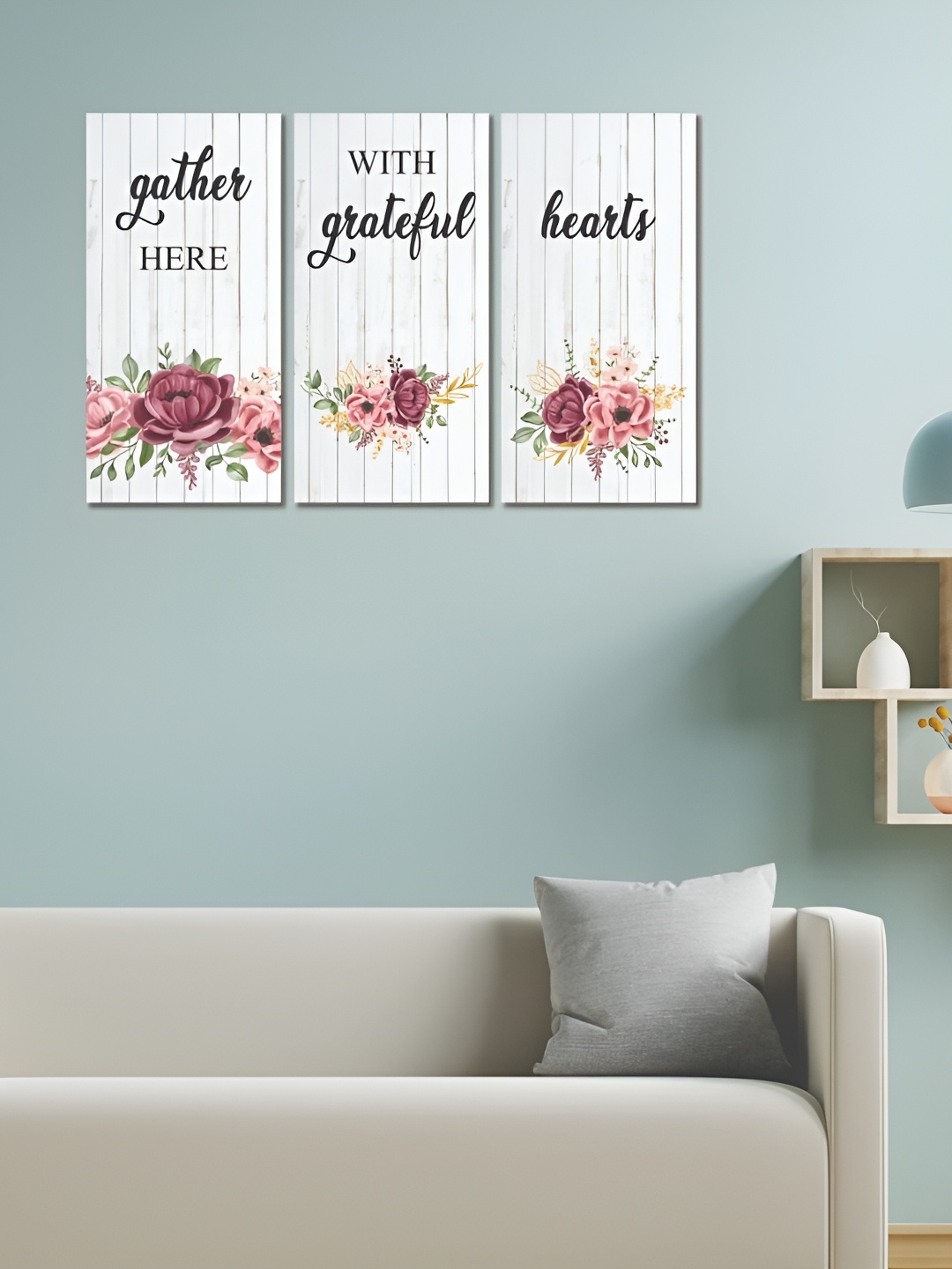 

CVANU Grey & Peach Colored 3 Pieces Quotes Floral Printed Wooden Wall Hangings