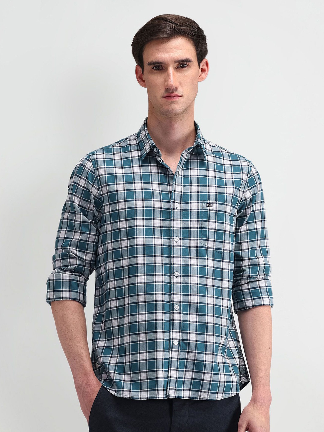 

Arrow Sport Men Classic Spread Collar Tartan Checked Cotton Casual Shirt, Teal