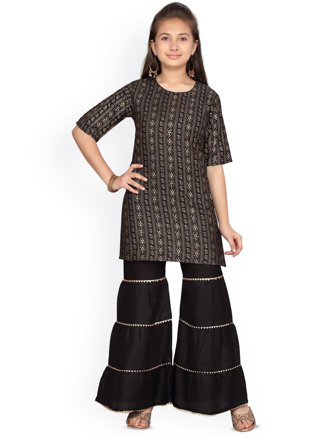 

BAESD Girls Floral Printed Pure Cotton Straight KurtA with Sharara, Black