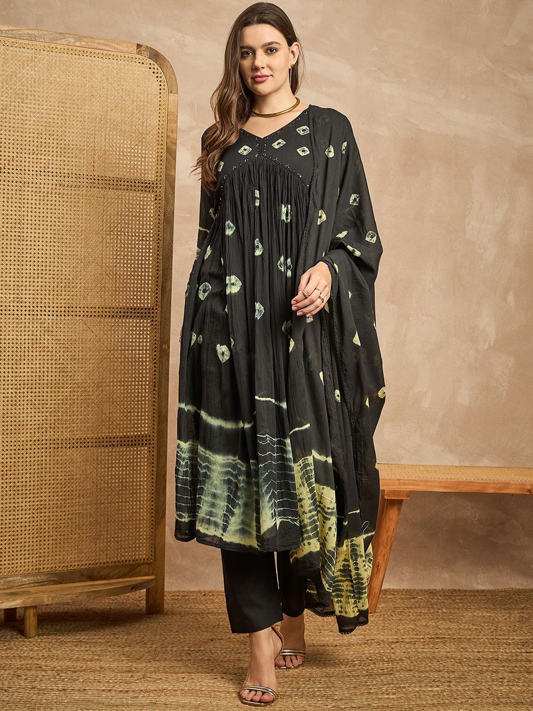 

all about you Ombre Dyed Empire A-Line Kurta with Trousers & Dupatta, Black