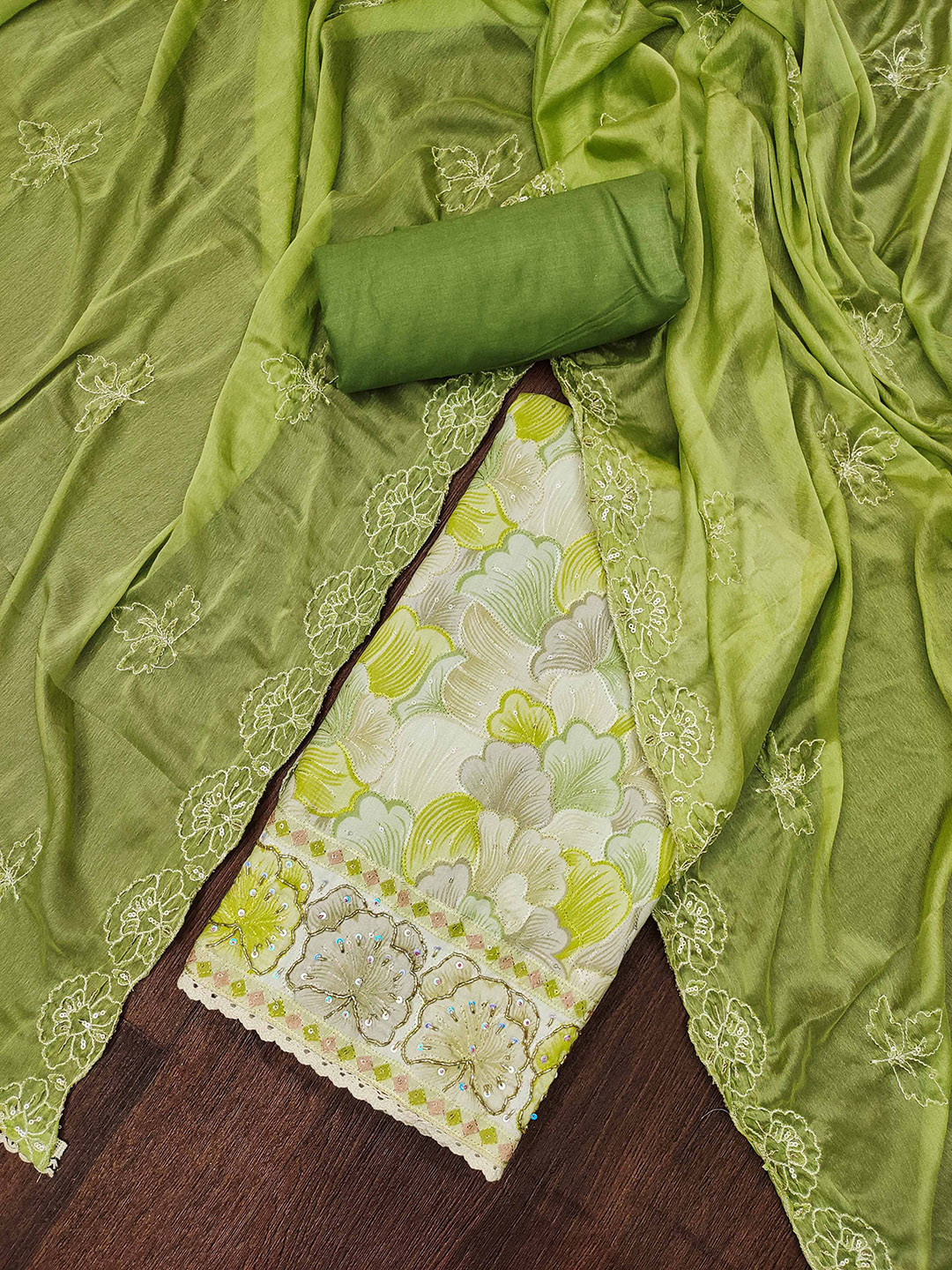 

Ishin Floral Embroidered Sequinned Unstitched Dress Material, Green