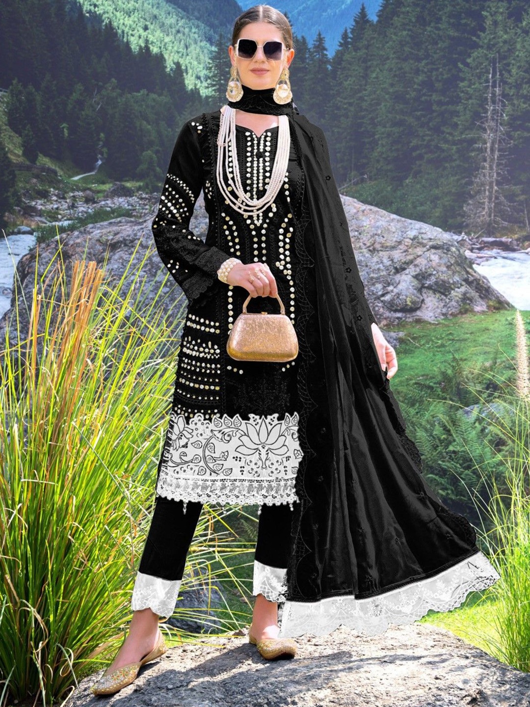 

AUTUMN LANE Floral Embroidered Organza Straight Kurta With Trouser & Dupatta, Black