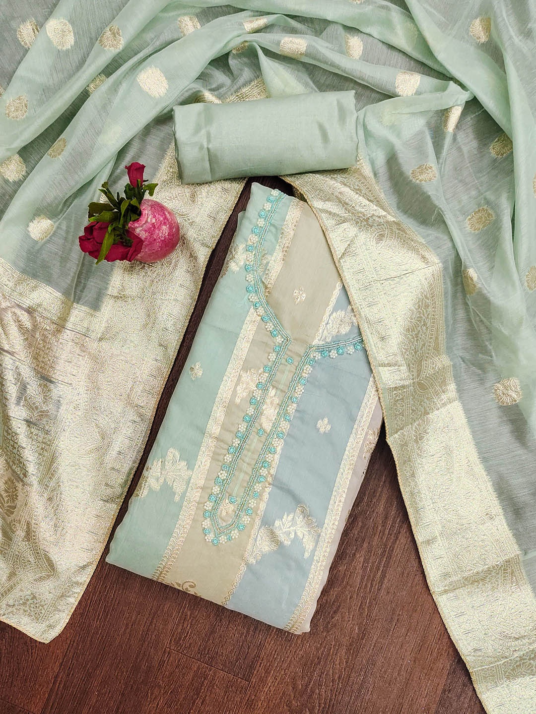 

Ishin Floral Woven Design Zari Work Unstitched Dress Material, Green
