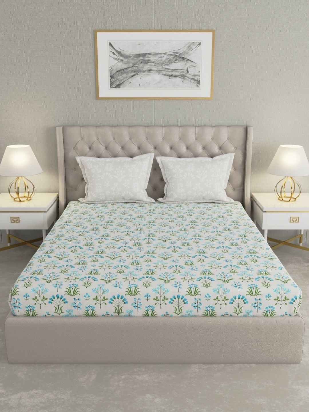 

Raymond Home Shubham Blue Floral Printed 120 TC Cotton King Bedsheet With 2 Pillow Covers