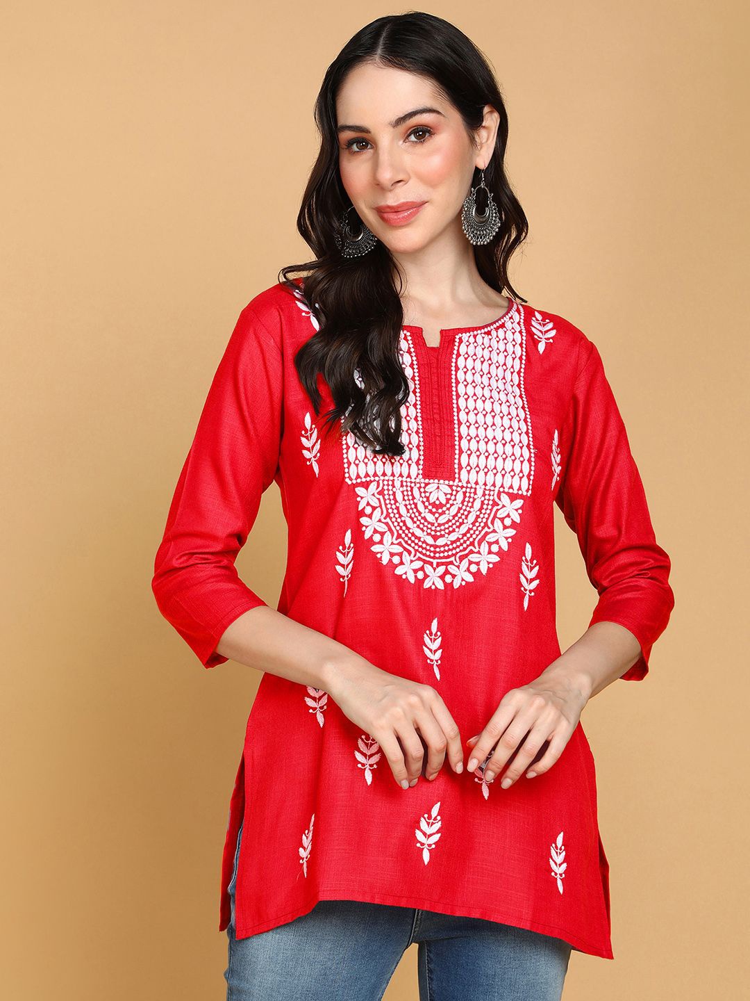 

TOP N THREAD Women Ethnic Motifs Embroidered Chikankari Kurti, Red