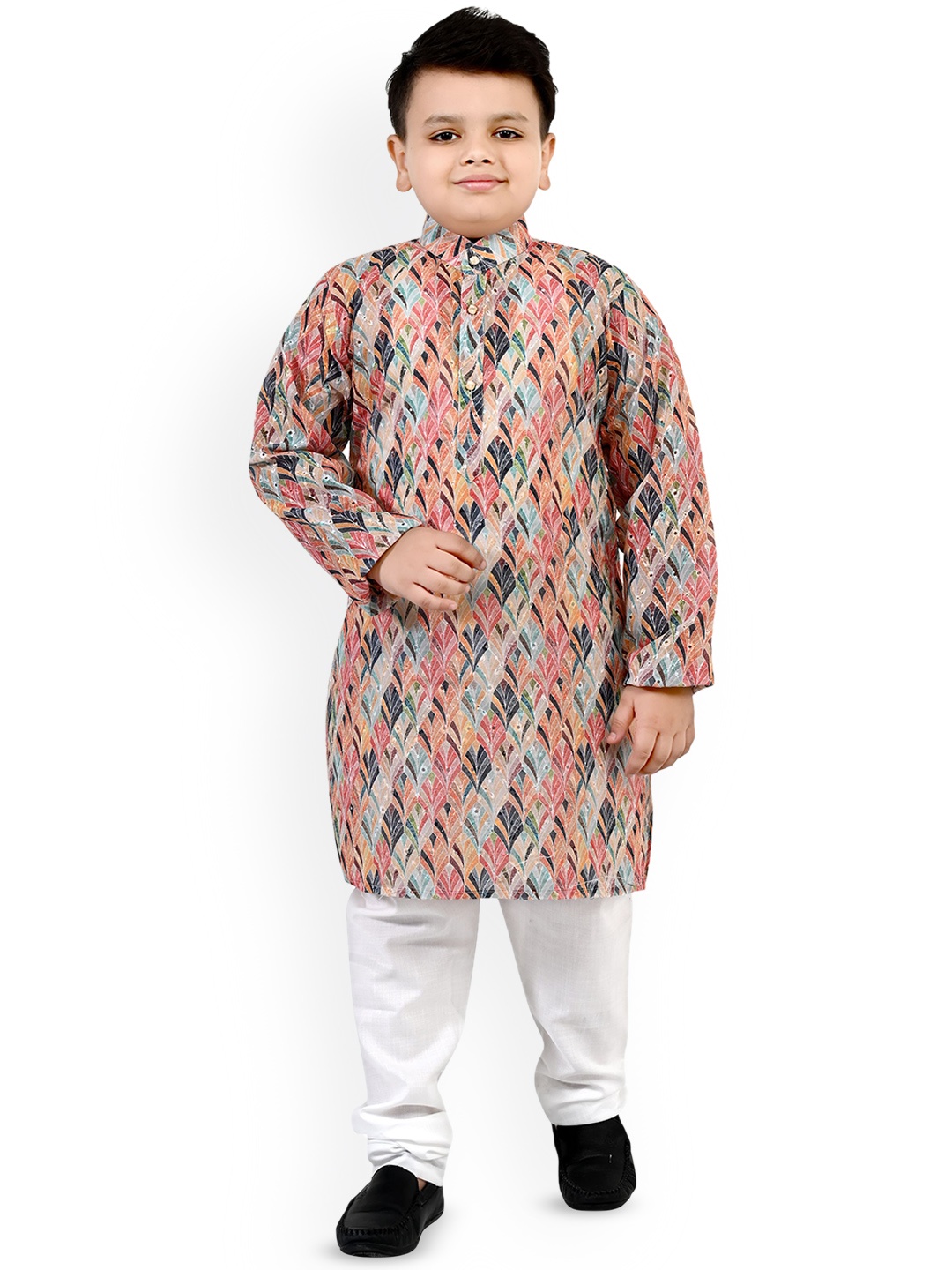 

Arshia Fashions Boys Abstract Printed Band Collar Straight Kurta with Trouser, Pink
