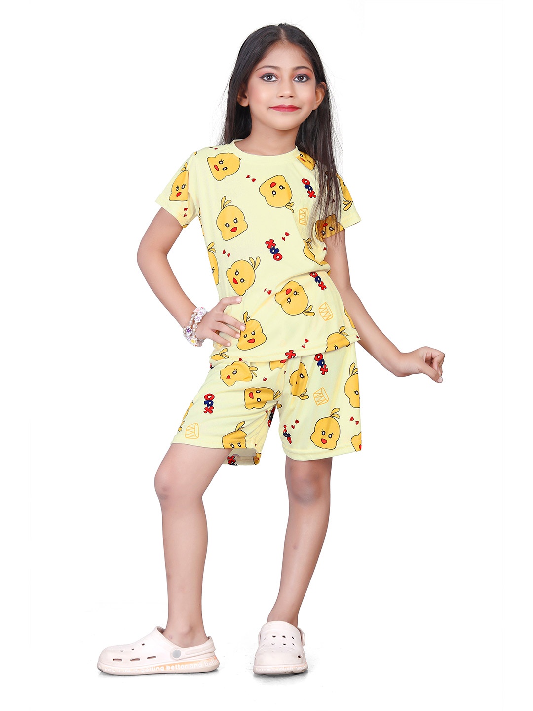 

BAESD Girls Printed Round Neck Short Sleeves Cotton Blend T-shirt With Shorts, Yellow