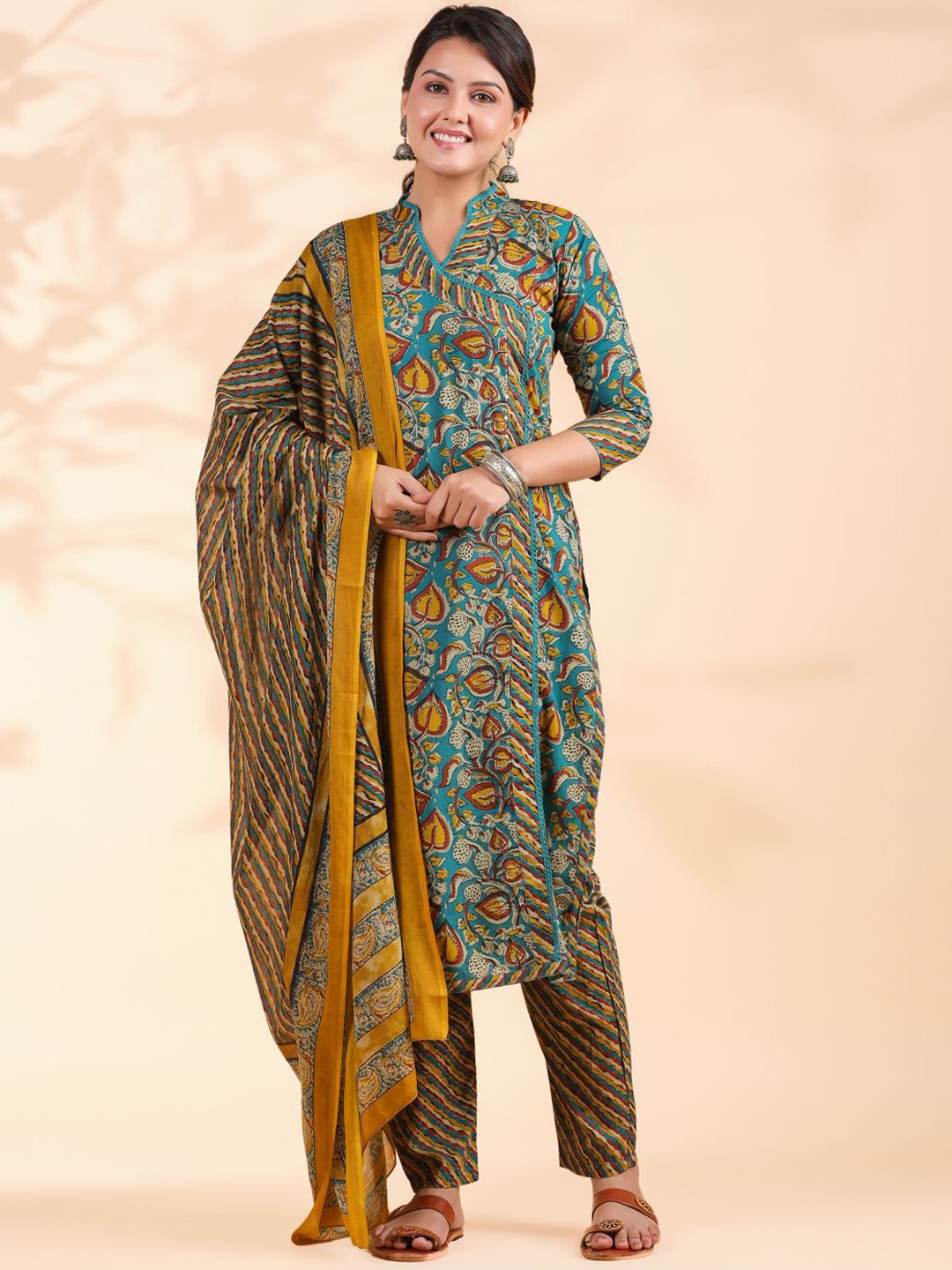 

Vbuyz Floral Printed Mandarin Collar Pure Cotton Straight Kurta With Palazzos & Dupatta, Blue