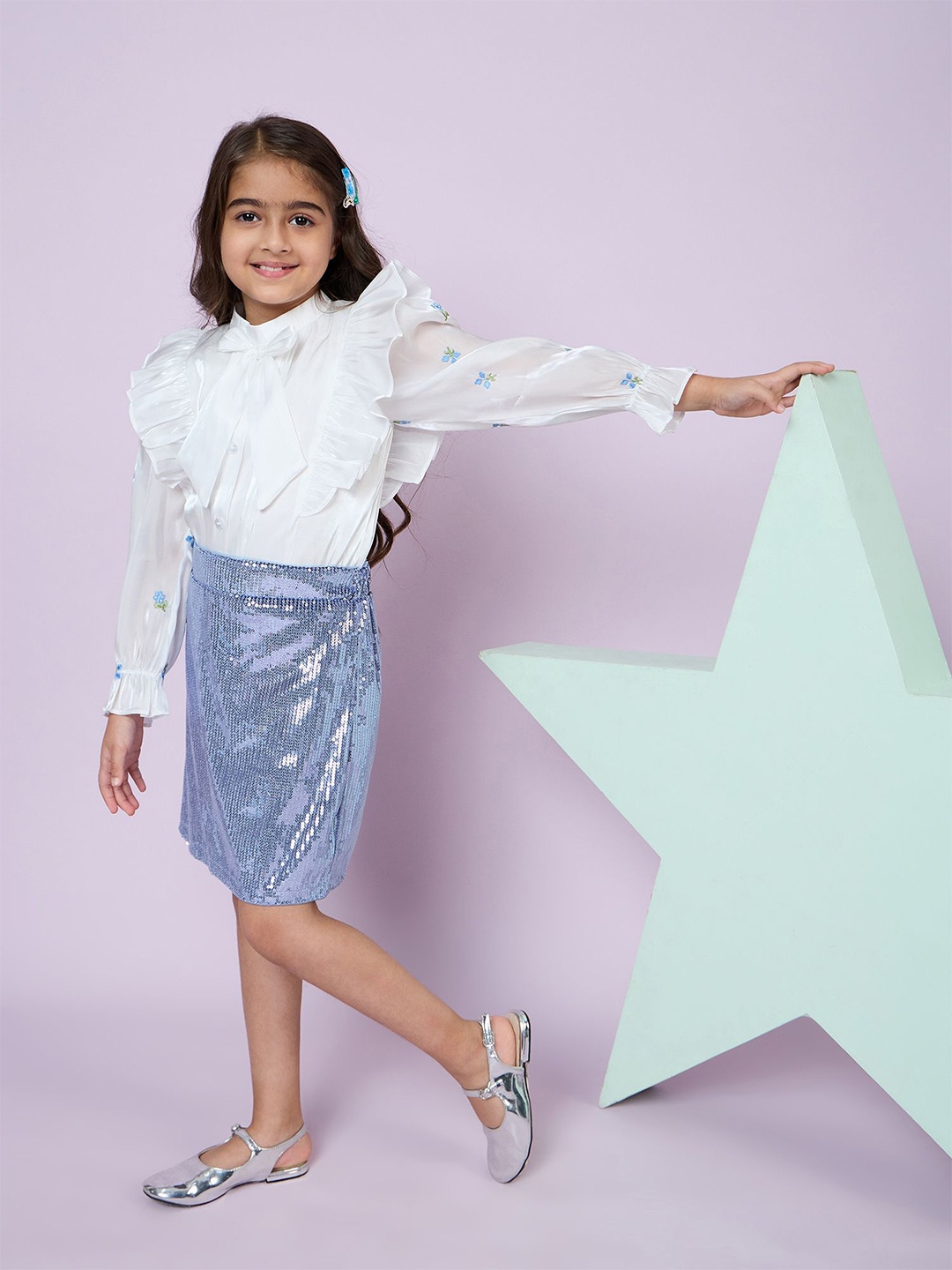 

Peppermint Girls Embellished Top with Skirt, Blue