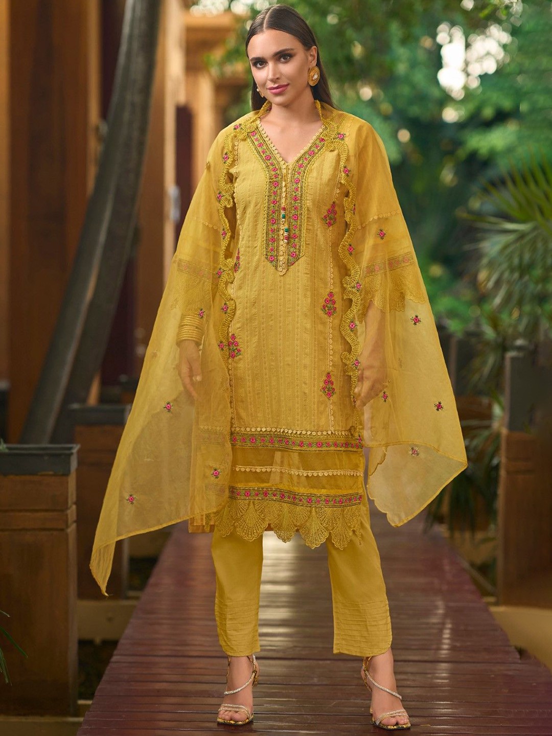 

AUTUMN LANE Floral Embroidered V- Neck Pure Cotton Straight Kurta With Trouser & Dupatta, Yellow