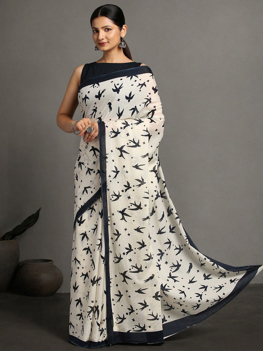 

ArtEastri Bird Print Cotton Saree with Blouse piece, Cream