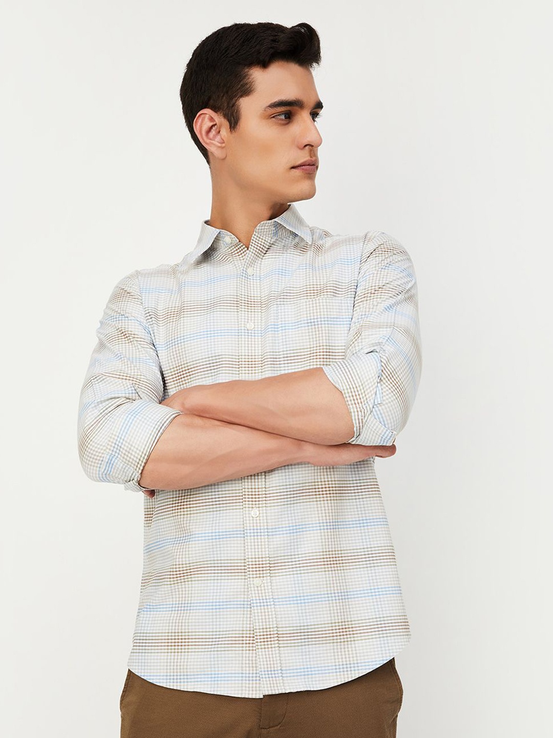 

max Men Spread Collar Tartan Checked Cotton Casual Shirt, Beige