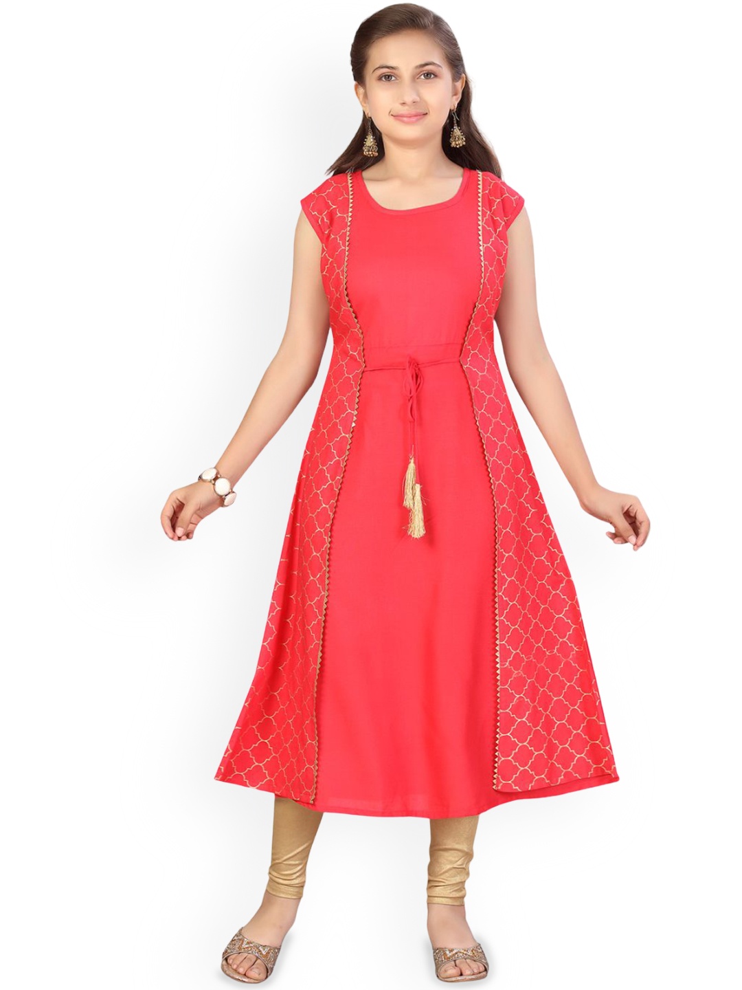

BAESD Girls Geometric Woven Design Cotton A-Line Kurta, Red