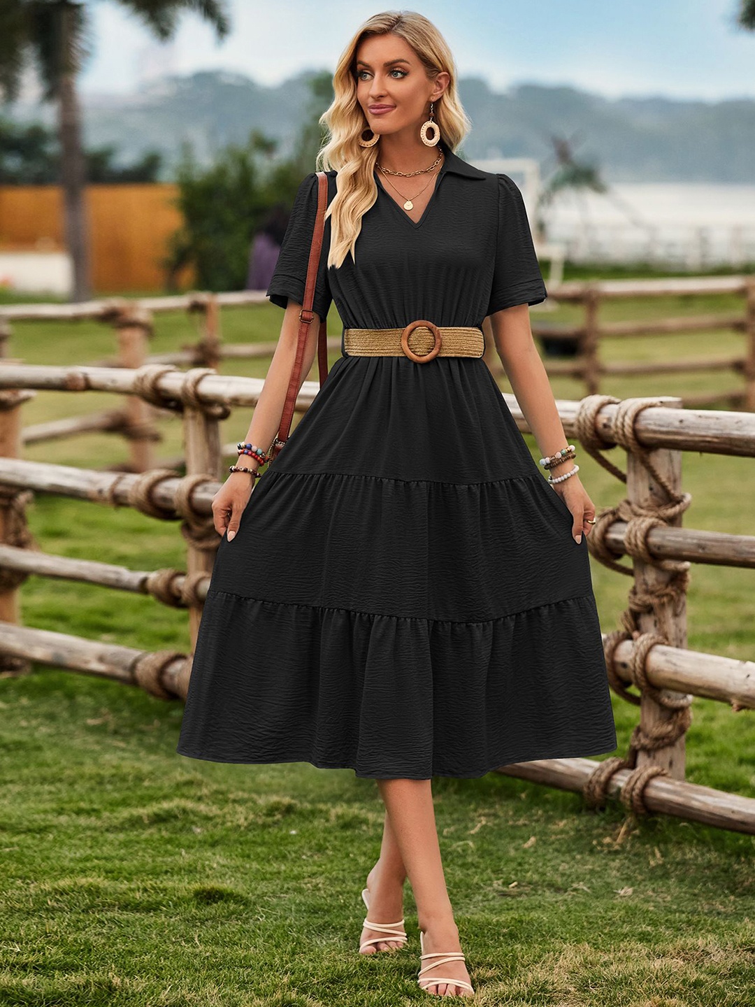

StyleCast Women Solid Shirt Collar Fit & Flared Dress, Black