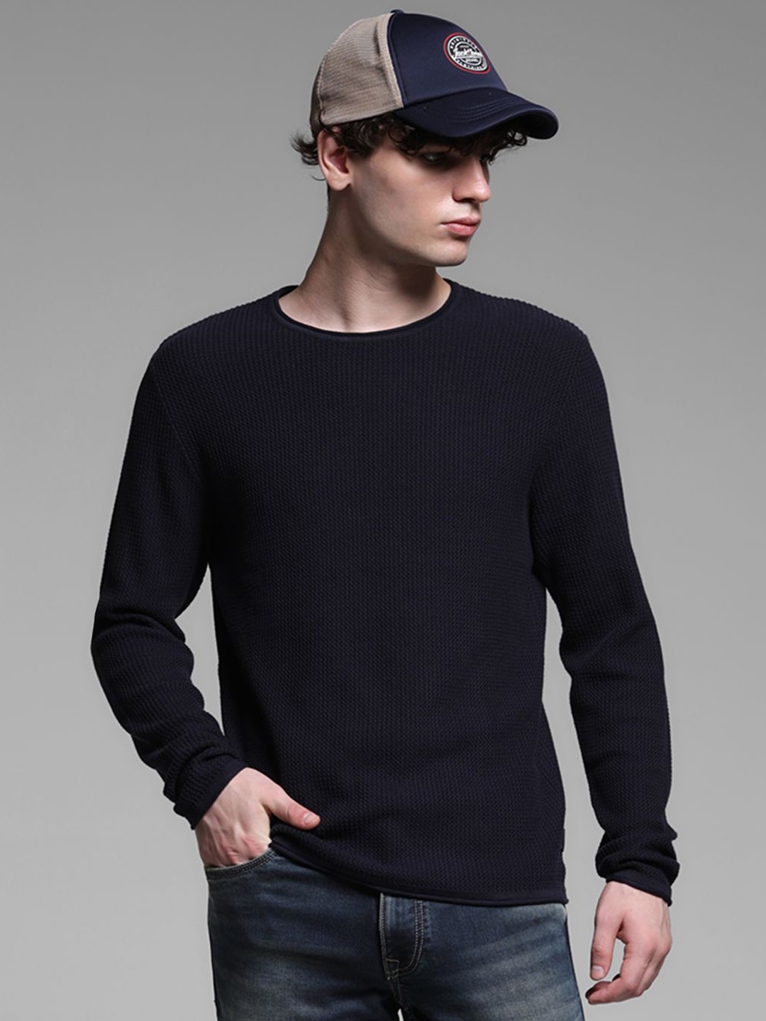 

Jack & Jones Men Solid Knitted Cotton Pullover Sweater, Navy blue
