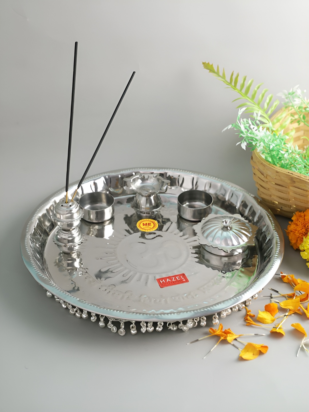 

HAZEL Silver Toned Textured Stainless Steel Gungroo Pooja Thali