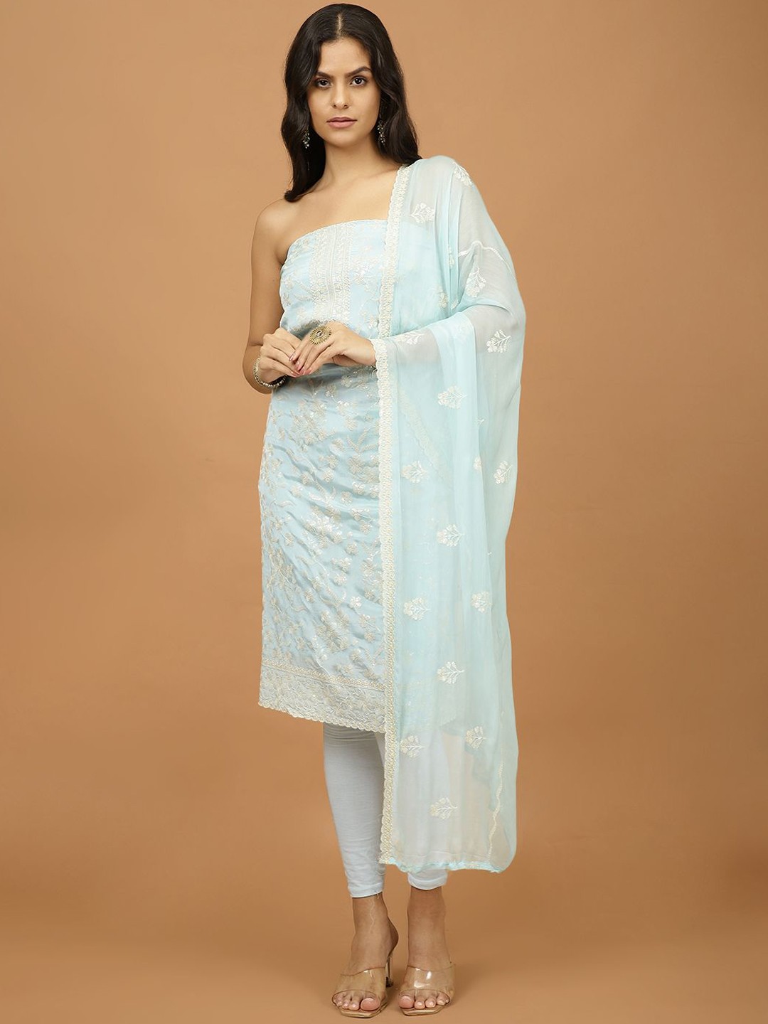 

Meena Bazaar Ethnic Motifs Embroidered Zari Work Unstitched Dress Material, Blue