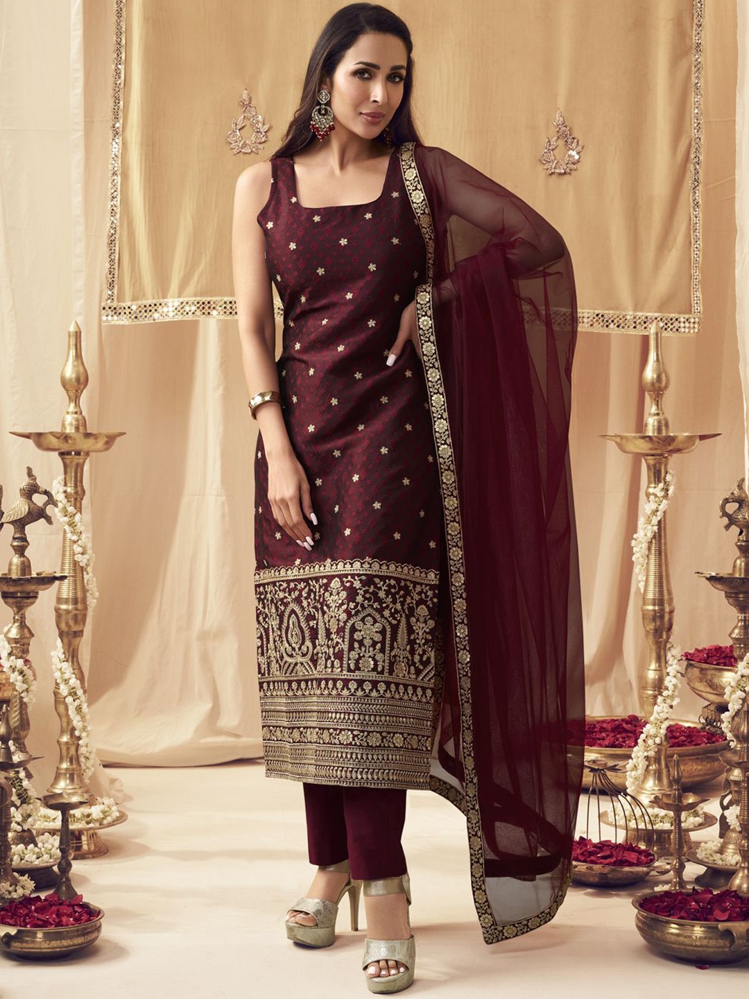 

Inddus Maroon Floral Embroidered Square Neck Straight Kurta with Trousers & Dupatta