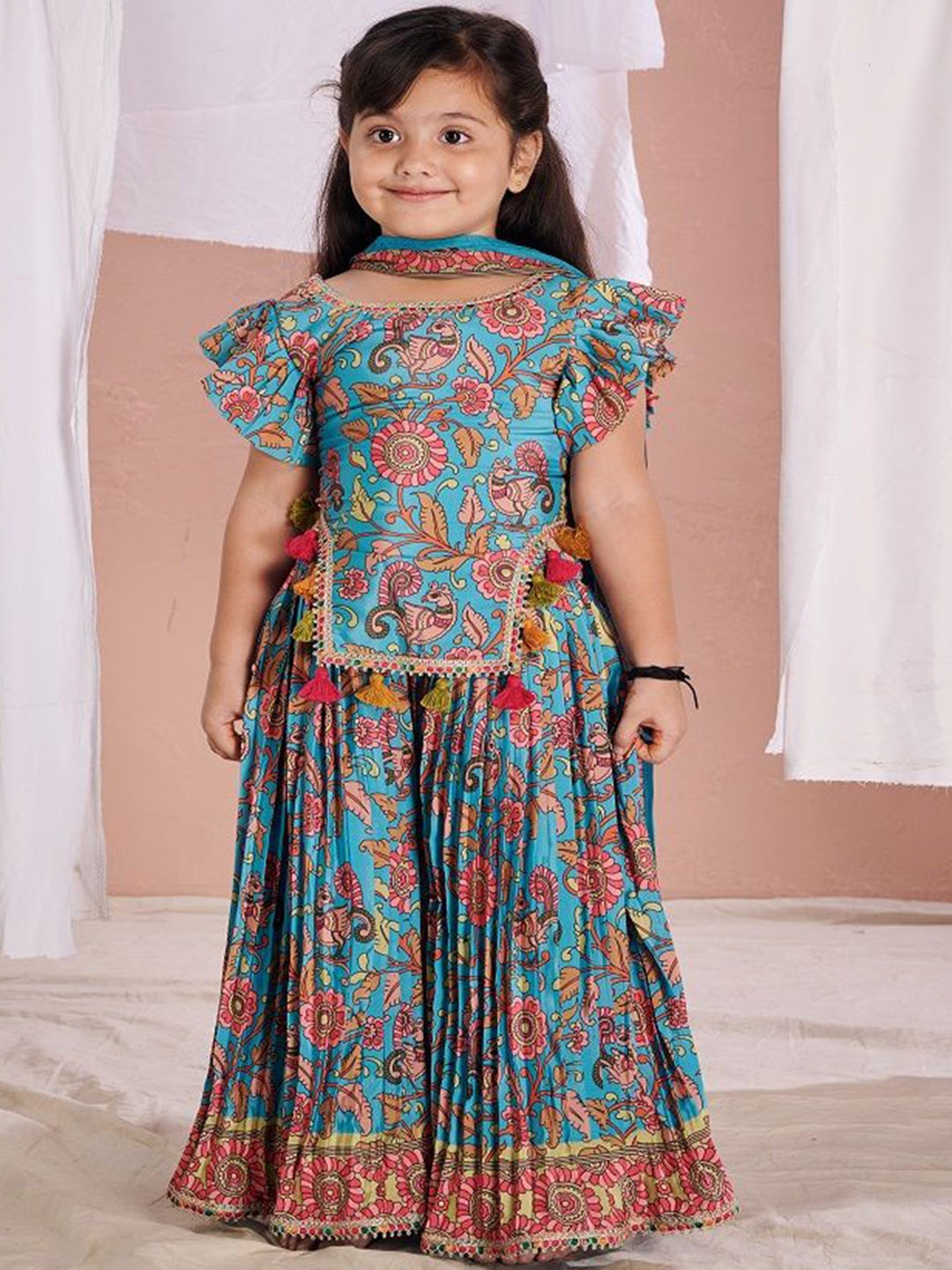 

Vivedkids Girls Kalamkari Printed Regular Top With Palazzo & Dupatta, Blue