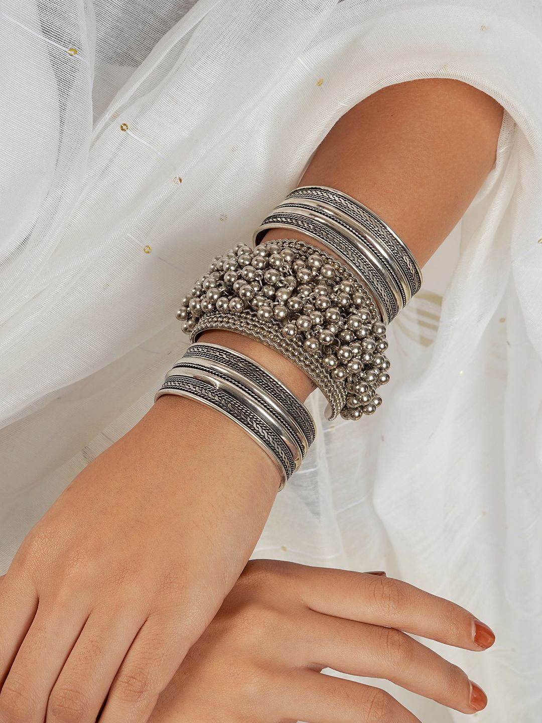 

TEEJH Set Of 3 Miraaya Stacked Ghungroo-Charm Cuff Bracelets, Silver