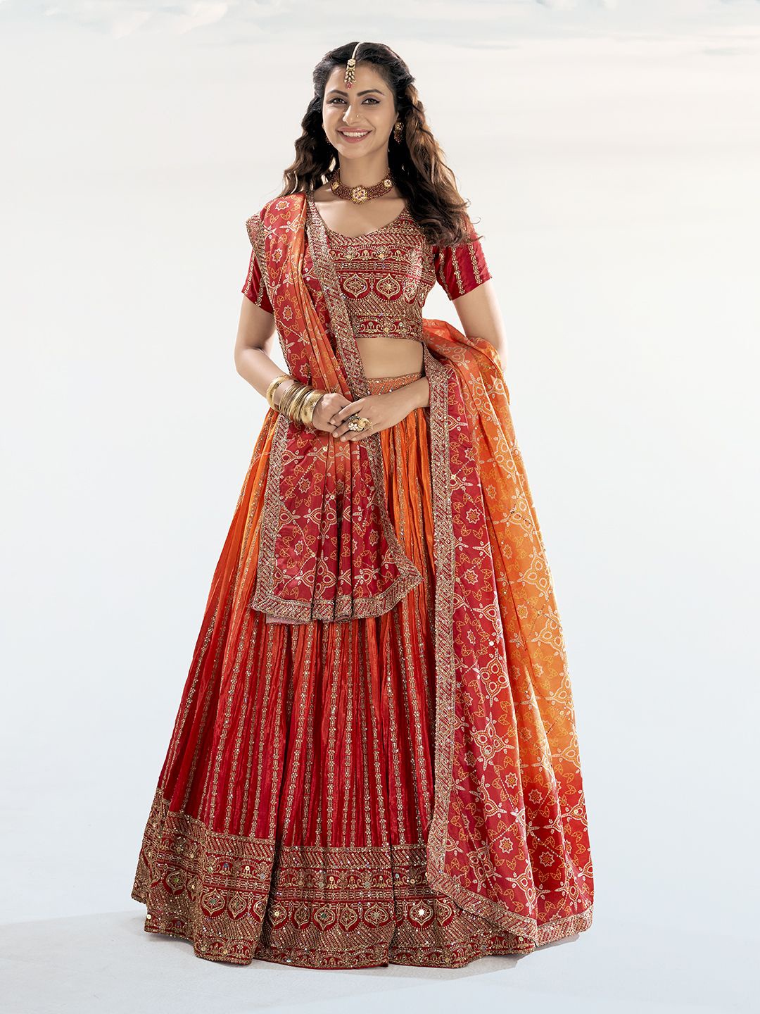 

Shee Star Embroidered Sequinned Semi-Stitched Lehenga & Unstitched Blouse With Dupatta, Orange