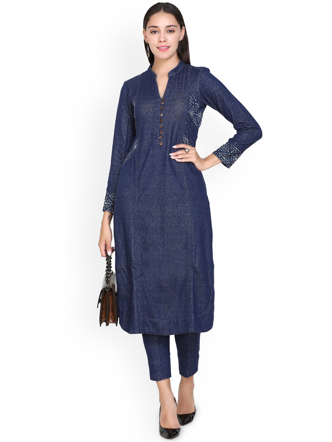 

STADO Floral Pure Wool Kurta with Trouser, Navy blue