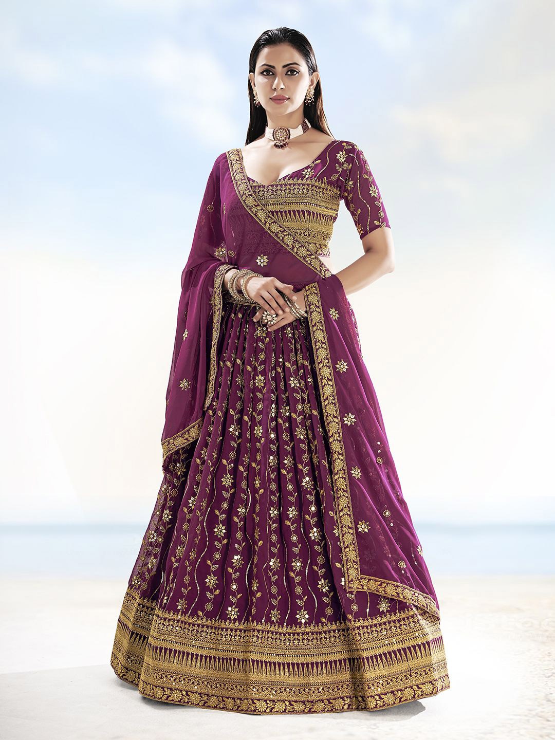 

Shee Star Embroidered Sequinned Semi-Stitched Lehenga & Unstitched Blouse With Dupatta, Purple