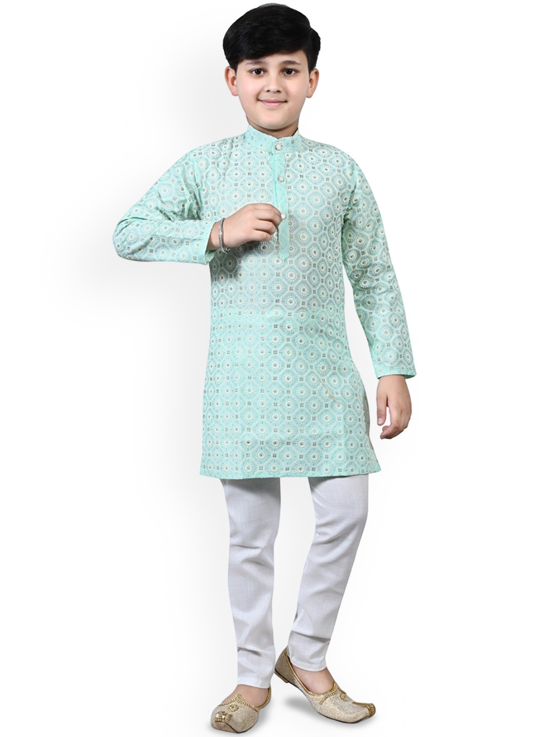 

Arshia Fashions Boys Ethnic Motifs Embroidered Thread Work Straight Kurta with Pyjamas, Sea green