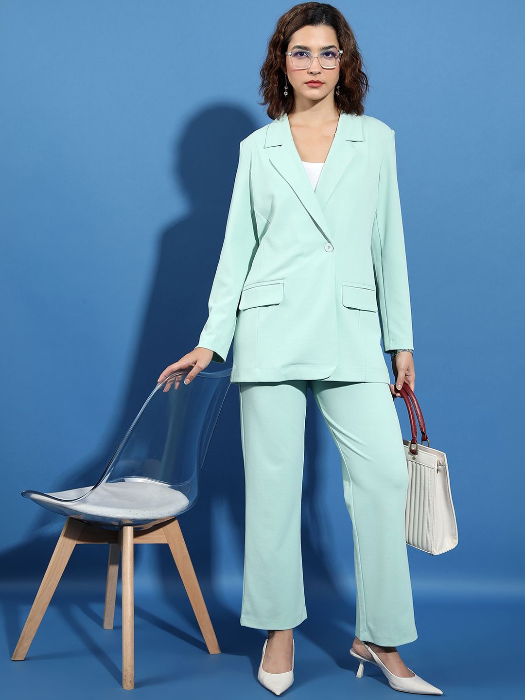 

Tokyo Talkies Green Notched Lapel Collar Blazer With Trousers