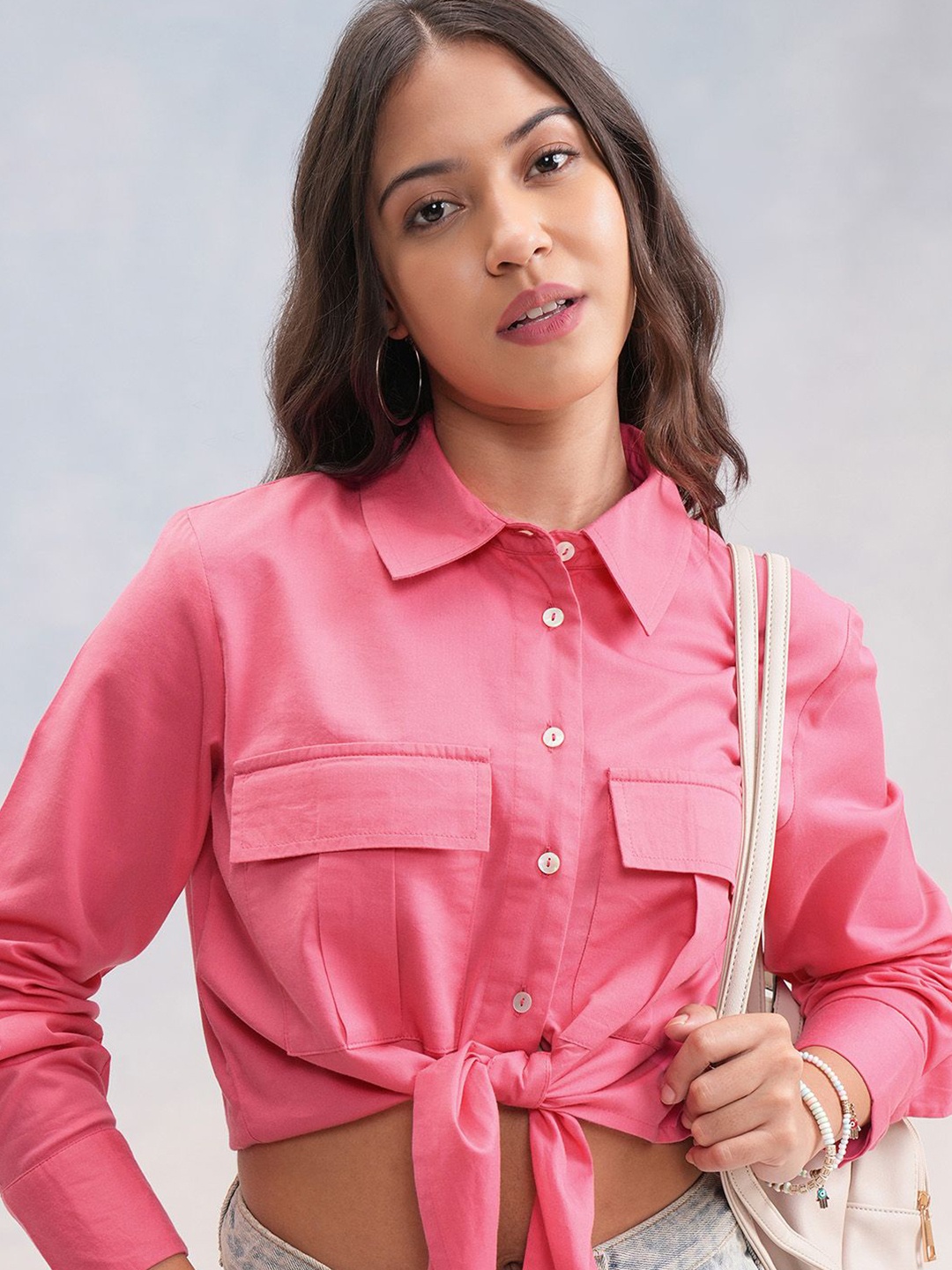

Street By Tokyo Talkies Women Solid Shirt Collar Cotton Top, Pink