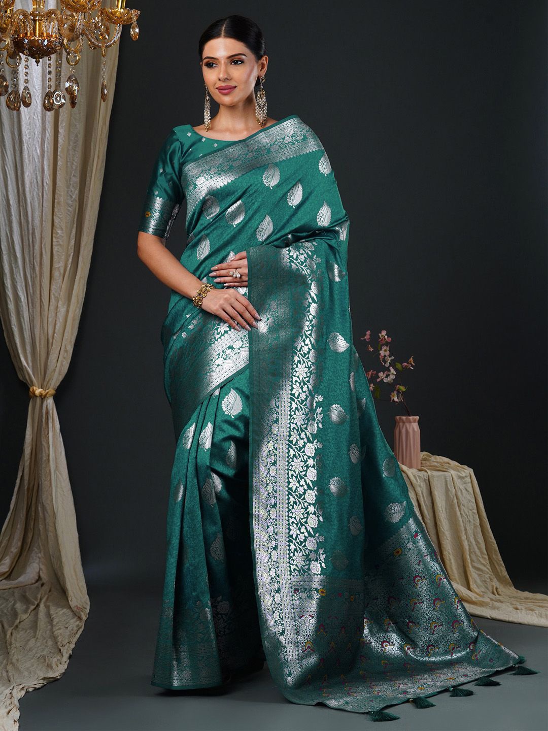 

Anouk Ethnic Motifs Zari Silk Blend Banarasi Saree, Teal