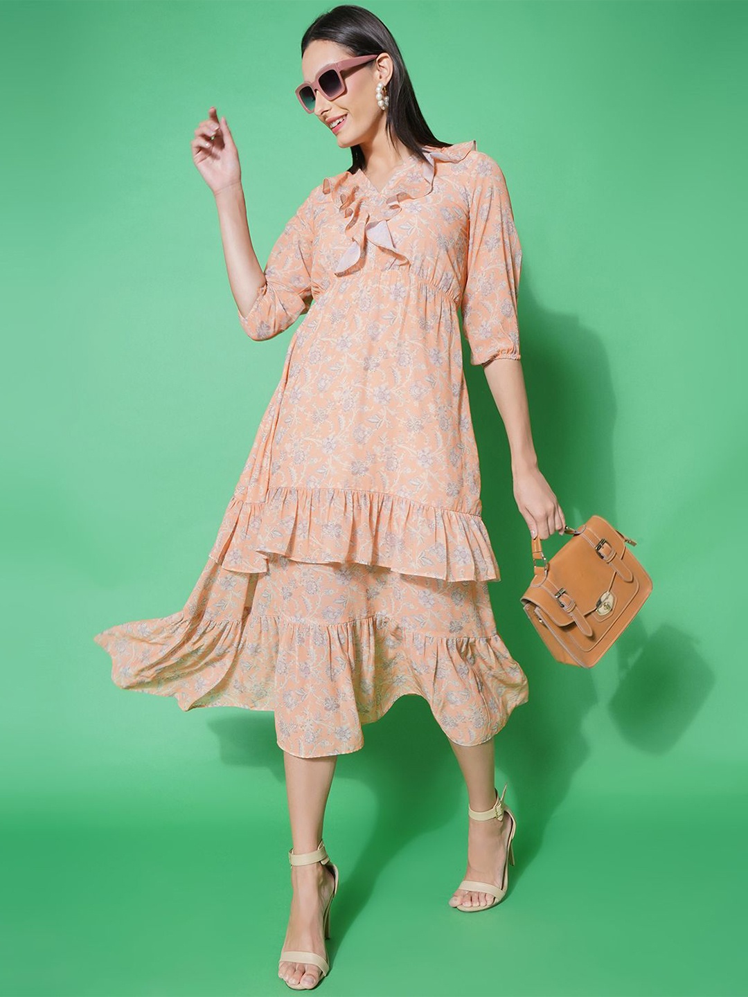 

BAESD Floral Printed Layered Georgette A-Line Midi Dress, Orange