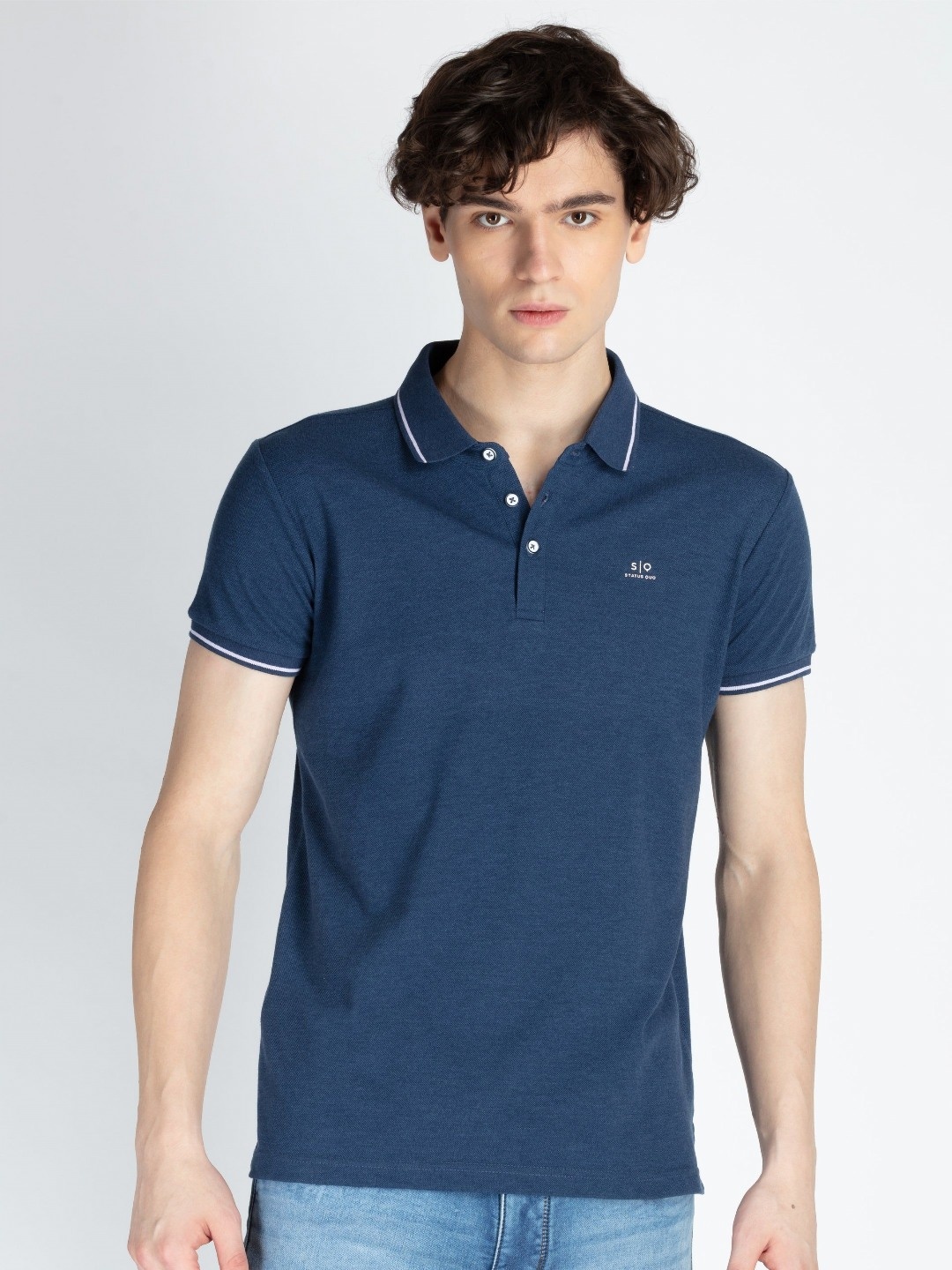 

Status Quo Men Solid Polo Collar Cotton T-shirt, Blue