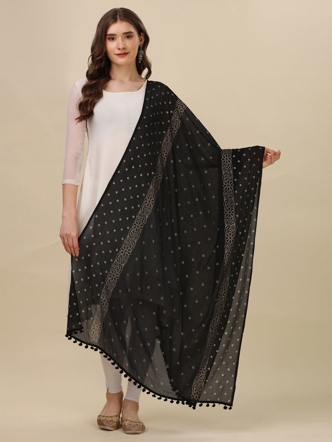 

Suha Floral Printed Chiffon Dupatta, Black