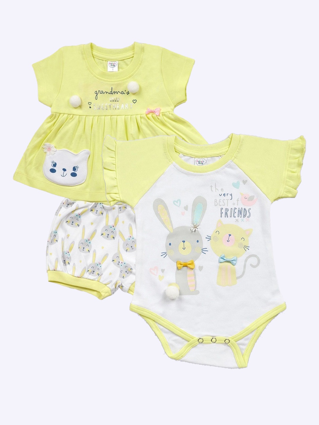 

Babys Day Girls Pack Of 3 Embellished Round Neck Pure Cotton Top with Shorts & Baby Romper, Yellow