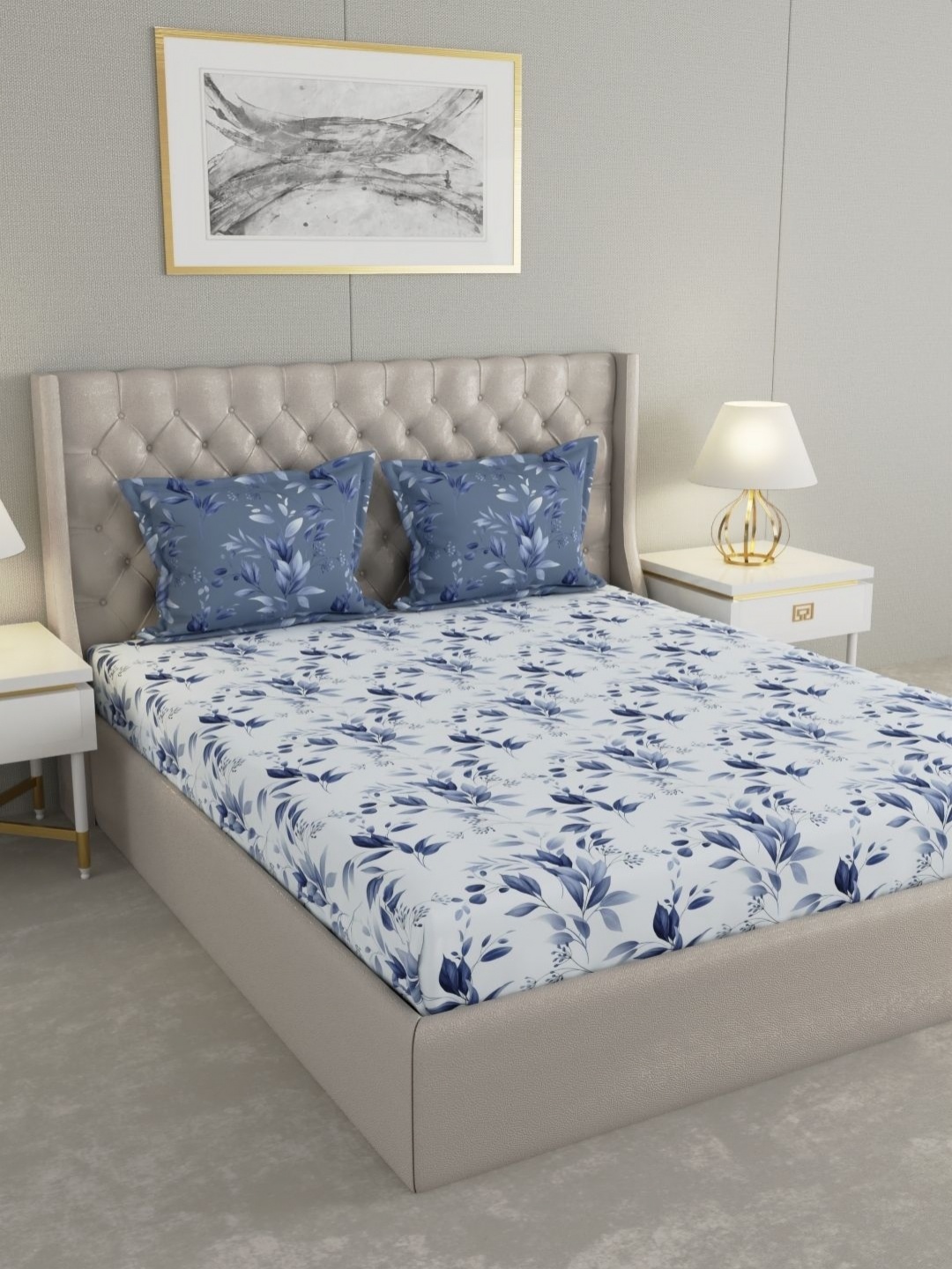 

Raymond Home Camphor Blue Printed 144 TC Cotton Queen Bedsheet with 2 Pillow Covers