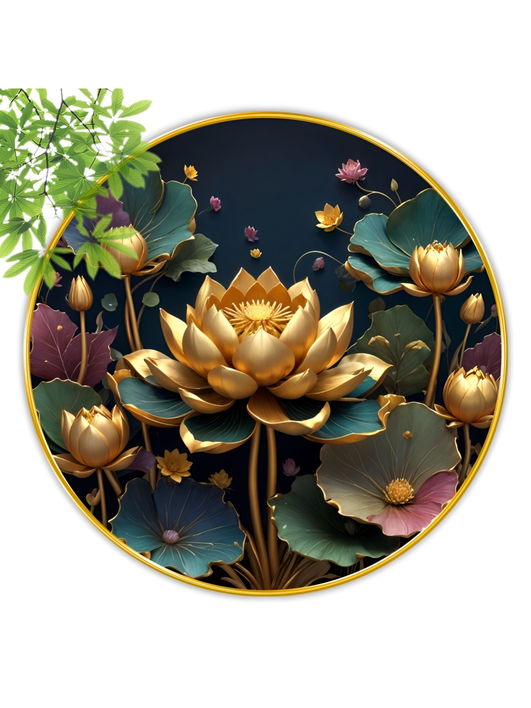 

Aura Gold-Toned & Green Lotus Flower Round Shaped Wooden Wall Art