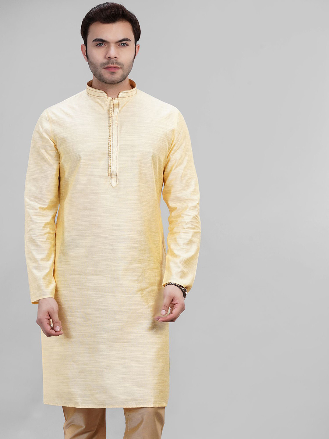 

LA'SCOOT Mandarin Collar Pure Cotton Kurta With Churidar, Beige
