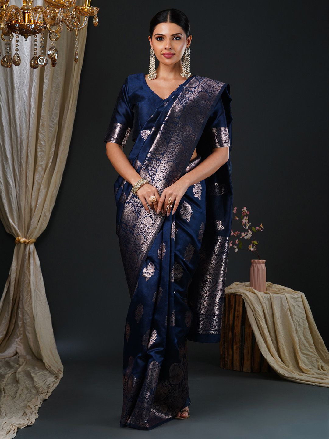 

Anouk Ethnic Motifs Zari Silk Blend Banarasi Saree Woven Design with Matching Blouse, Navy blue