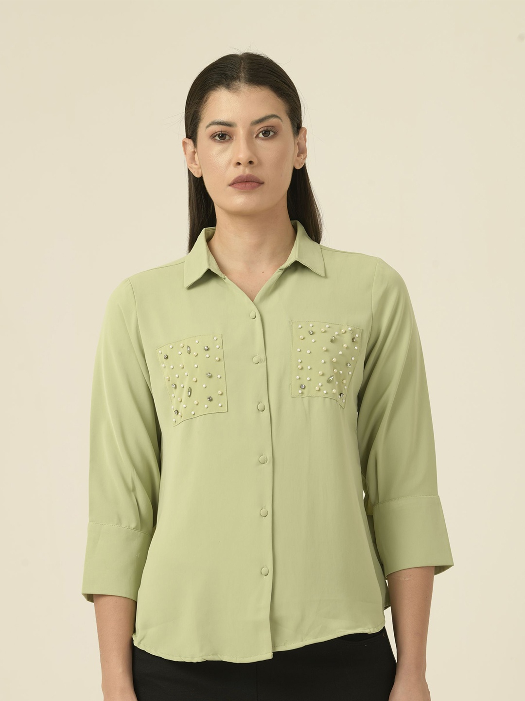 

Albion By CnM Women Solid Shirt Collar Top, Green
