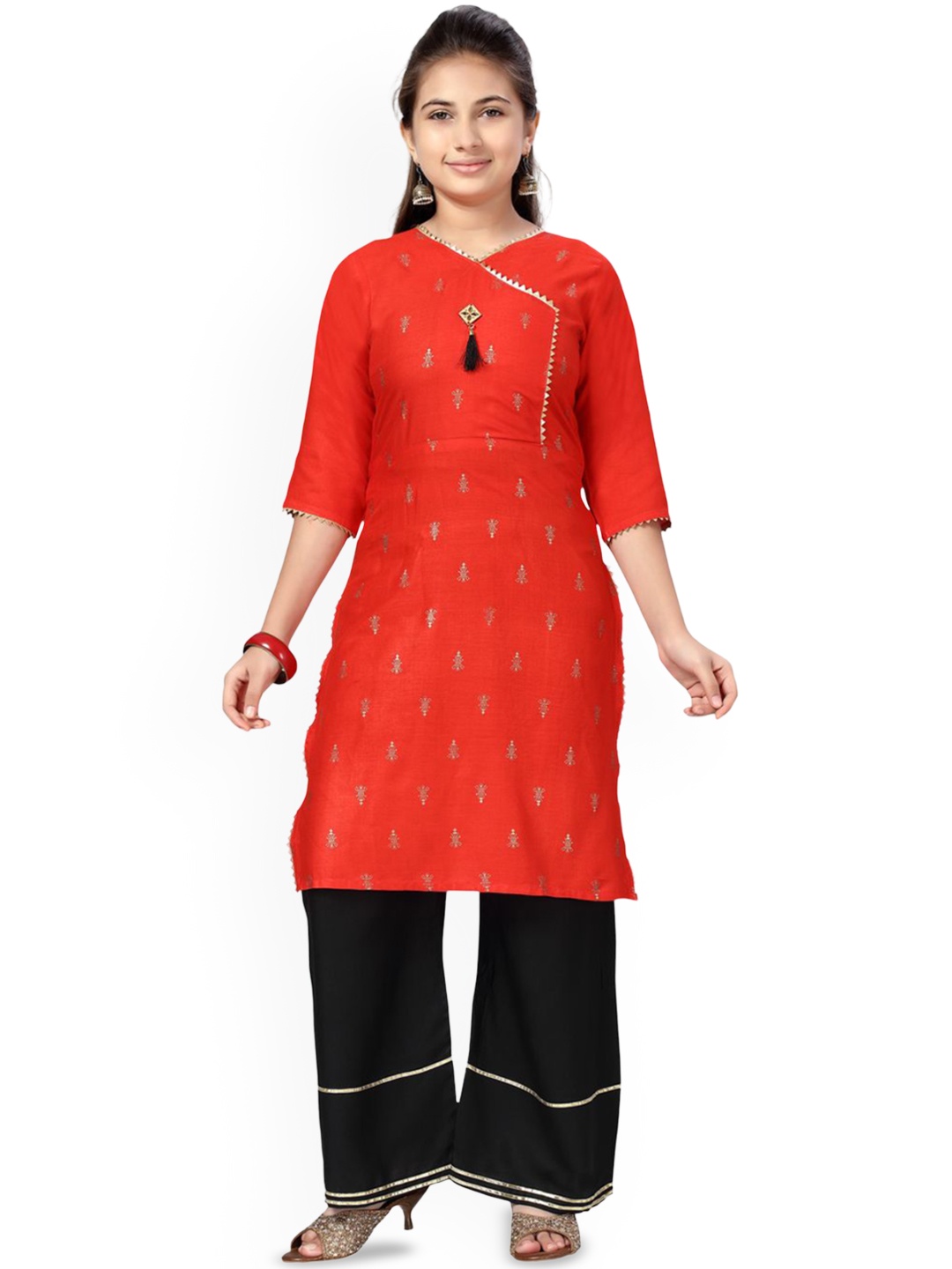 

BAESD Girls Ethnic Motifs Printed Gotta Patti Cotton A-Line Kurta, Red